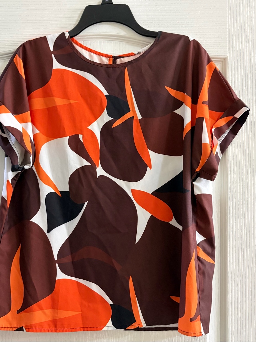 SHEIN Abstract Print Blouse Medium Orange Brown Retro Short Sleeve Top